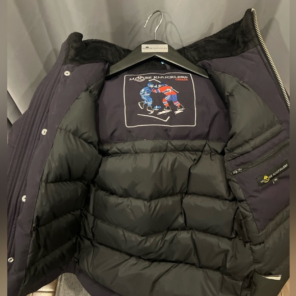 Navy blue Moose Knuckle winter jacket with black fur. Size kids small unisex. - Picture 2 of 4